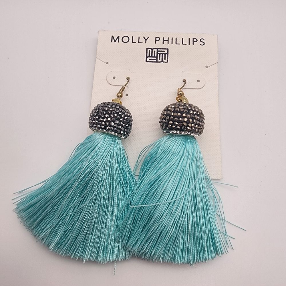 NWT Molly Phillips Jacqueline Blue Tassel & Rhinestone Earrings